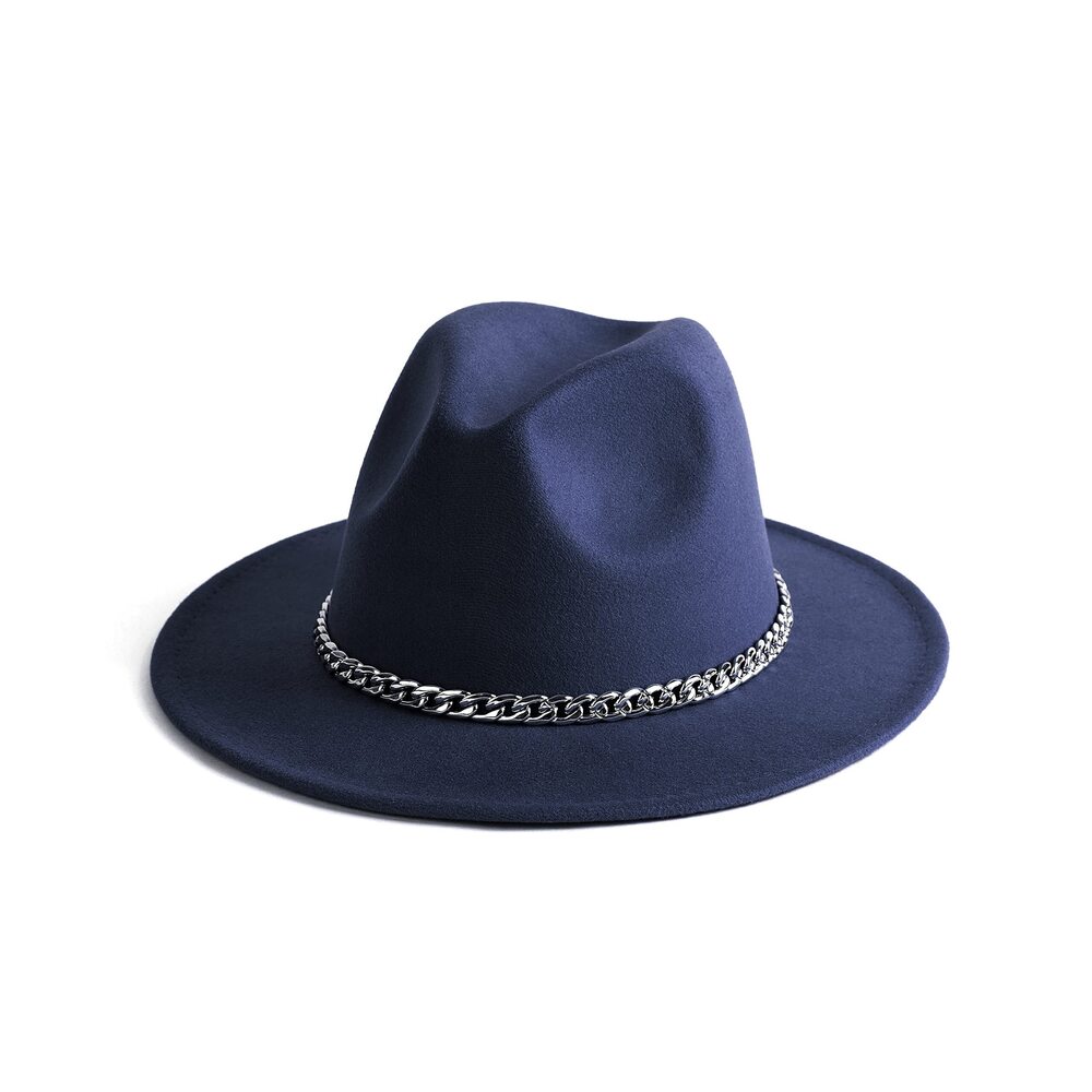 1798 Wide Brim Fedoran Hat with Chain Belt Buckle -Navy Blue